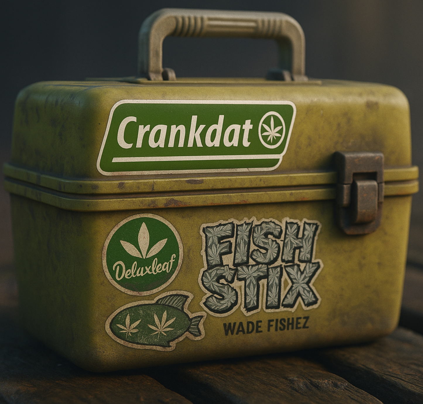 Green tackle box with 'Crankdat' and 'Deluxleaf Fish Stix' branding on a wooden surface.