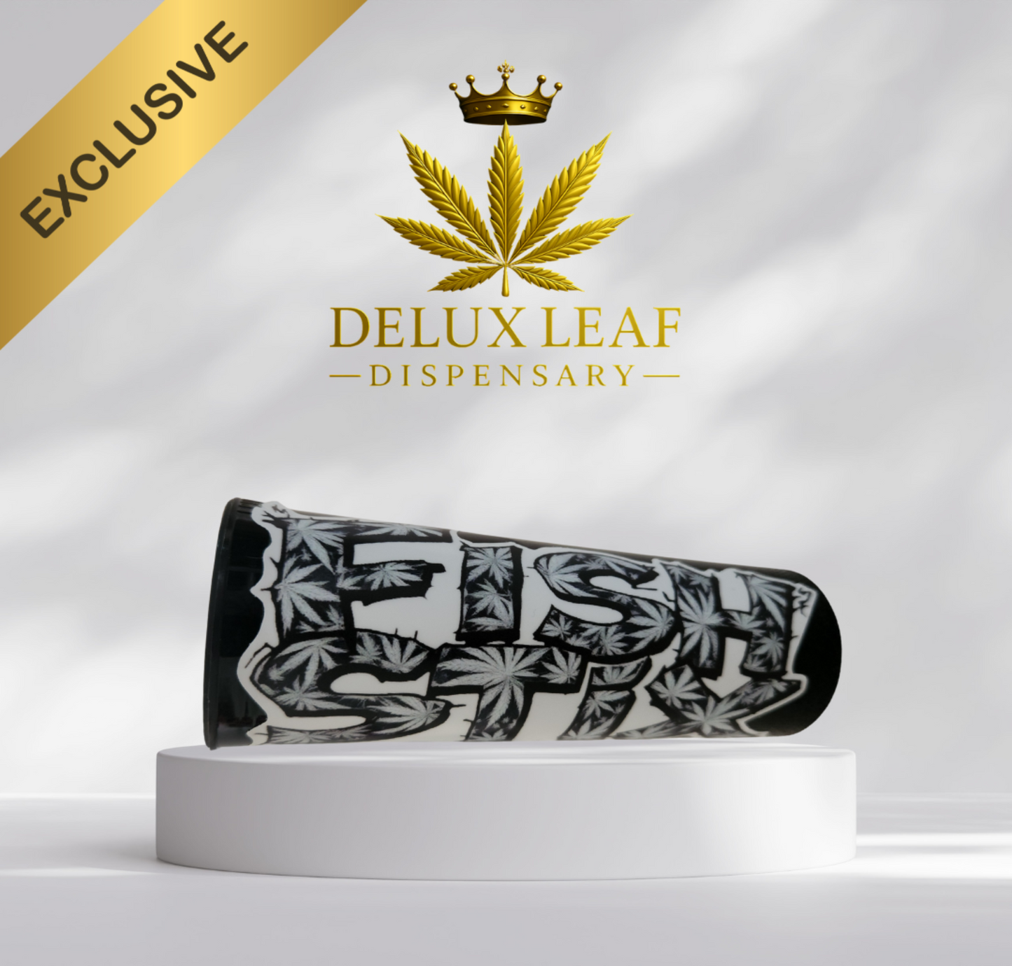 Delux Leaf Dispensary logo with a cannabis leaf design on a white background